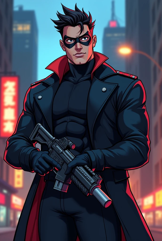 Make me a superhero whose suit is black military style with a jacket , without cape, you can see part of her face and in an animated version and she's carrying a gun, wearing a normal jacket, but in an anime version that's a male character but wearing a jacket, like that but with an eye mask but with a jacket or sweatshirt