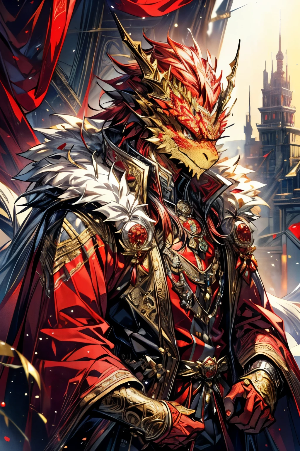 (masterpiece, best quality, perfect face, expressive eyes), 1boy, (male), (adult), (anime). intricate details, yellow dragonborn, red eyes, gold crown, red gems, golden accents, fur cloak, fancy red clothing,