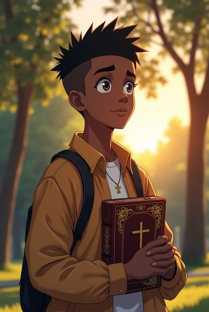 Images of a young black man with short anime hair holding the Holy Bible