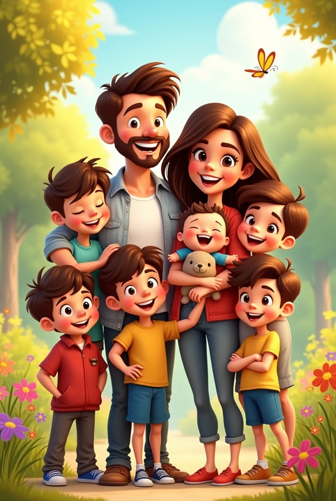 A family of seven, brunettes, with husband and wife, three boys, one girl, one baby, cartoon