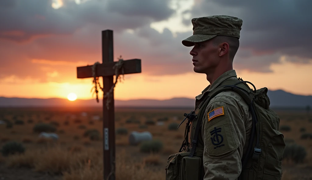 Army soldier by the cross