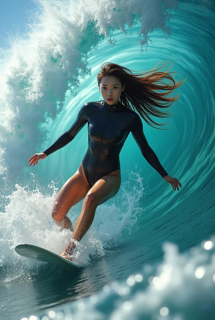 ultra-realistic, photorealistic, (20 years old Japanese famous idol girl:1.5), very beautiful Japanese but professional surfer, windsurfing on the huge vortex in the giant washing machine, dynamic surfing pose, masterpiece, (face focus:1.6), beautiful eyes, wearing a stylish wetsuits for surfing, very large breasts, beautiful face, very surprised expressions
