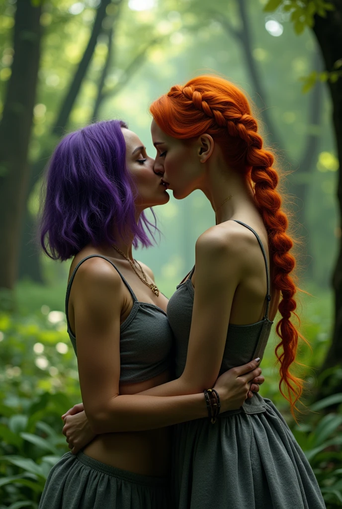 Two women kissing in the woods, one has short shoulder-length hair and it's purple, The other one is taller, she has orange hair and wears a braid, while they are kissing, the orange haired girl is stabbing the purple haired girl in the stomach 