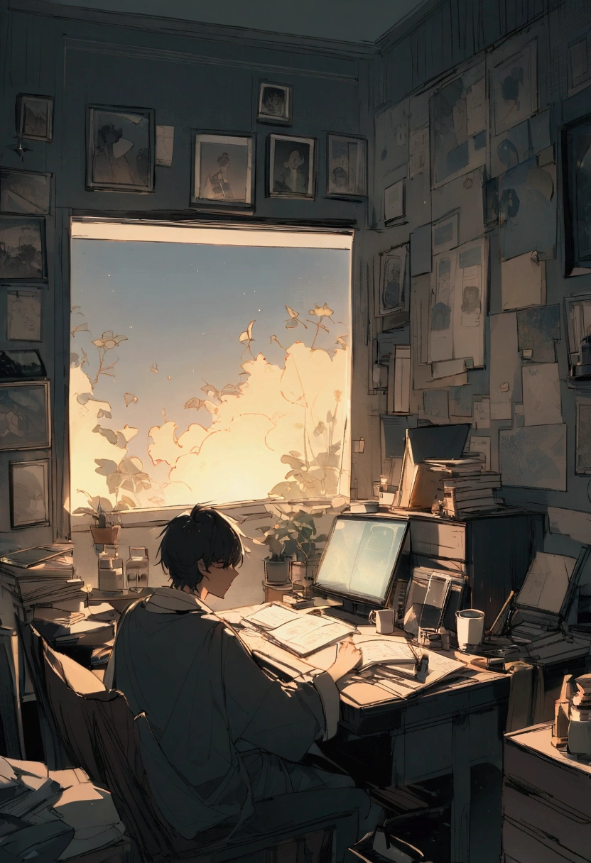 A young man sits at his desk in a dimly lit room, the only light coming from the glow of his computer screen and a small desk lamp casting a warm, golden hue. The room is cluttered with notebooks, sketches, and coffee cups, evidence of long nights spent chasing his dreams. The man’s face is illuminated by the soft light of the screen, focused and determined as he types away, deep in thought. Outside the window, the city sleeps under a blanket of stars, but inside, the young man’s mind is alive with ideas and ambitions. A vision board hangs on the wall, filled with goals, aspirations, and inspiring quotes that keep him motivated. The atmosphere is quiet, almost serene, with the faint hum of the computer as the only sound, but there's a palpable sense of energy and purpose in the air as he works tirelessly, driven by his passion to turn his dreams into reality.
