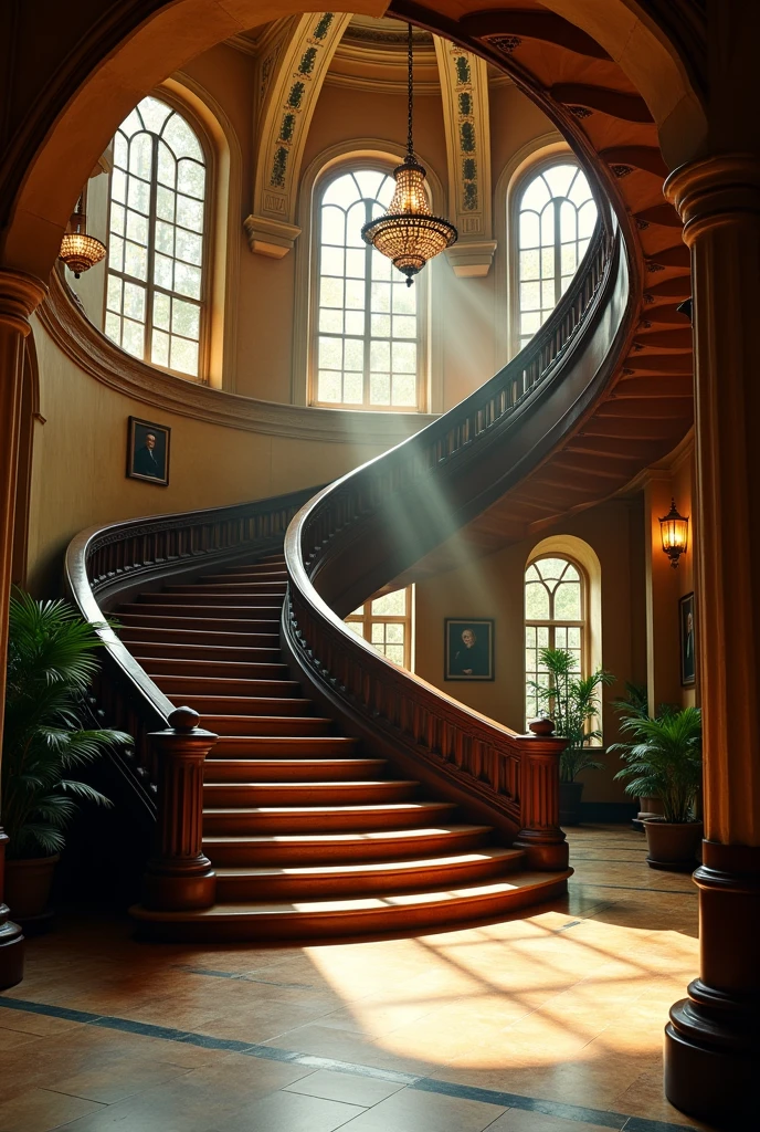 create a photo of an empty university hallway staircase