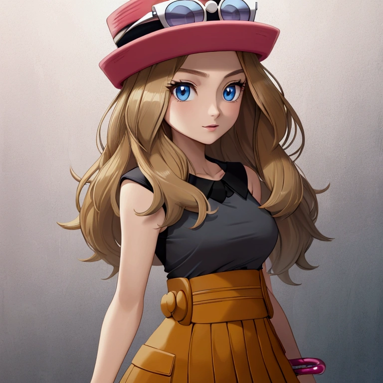 highly detailed face and skin texture, detailed eyes, double eyelids, cleavage, breasts, solo female, bedroom, aaserena, solo, long hair, eyewear on headwear, pink headwear, eyelashes, blue eyes, sleeveless shirt, black shirt, bracelet, high-waist skirt, red skirt, black thighhighs