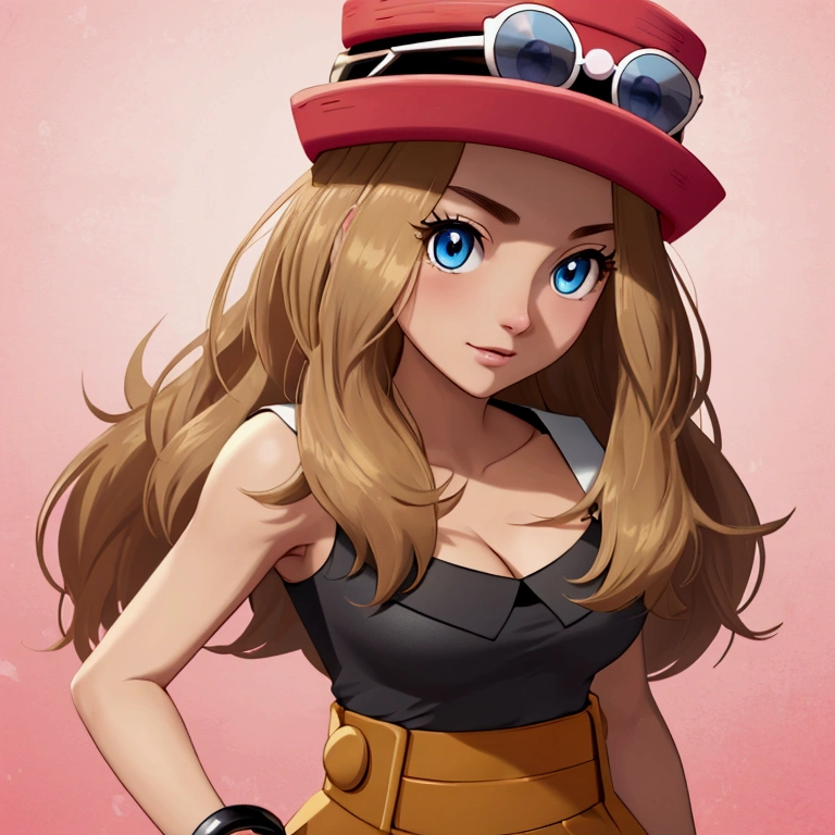 highly detailed face and skin texture, detailed eyes, double eyelids, cleavage, breasts, solo female, bedroom, aaserena, solo, long hair, eyewear on headwear, pink headwear, eyelashes, blue eyes, sleeveless shirt, black shirt, bracelet, high-waist skirt, red skirt, black thighhighs
