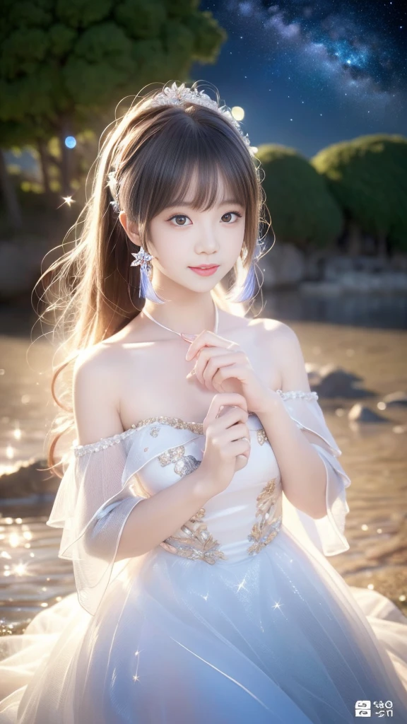 korean woman, best quality, masterpiece, illustration, Practical, photo-Practical, Astonishing, Fine details, Ridiculous, Huge file size, Extremely detailed, high resolution, Extremely detailed CG unity 8k wallpaper, National Foundation, Close-up of a young woman,She has exquisite, Youthful face and natural makeup. She wore flowing, Transparent off-shoulder white dress, The tulle material clung to her body, Revealing the traces of her skin and figure. The dress has a slightly lower neckline, Highlighting her bare shoulders and collarbones. She stood in shallow water, The translucent material of her clothes blends in with the water, Create an ethereal, Fantastic effects. The dress is decorated with sparkling, Glowing stars that seem to glow from within. The night sky surrounds her, Starry sky and Milky Way galaxy with sparkling shooting stars. This scene exudes a kind of natural wonder and pure charm. Hands down