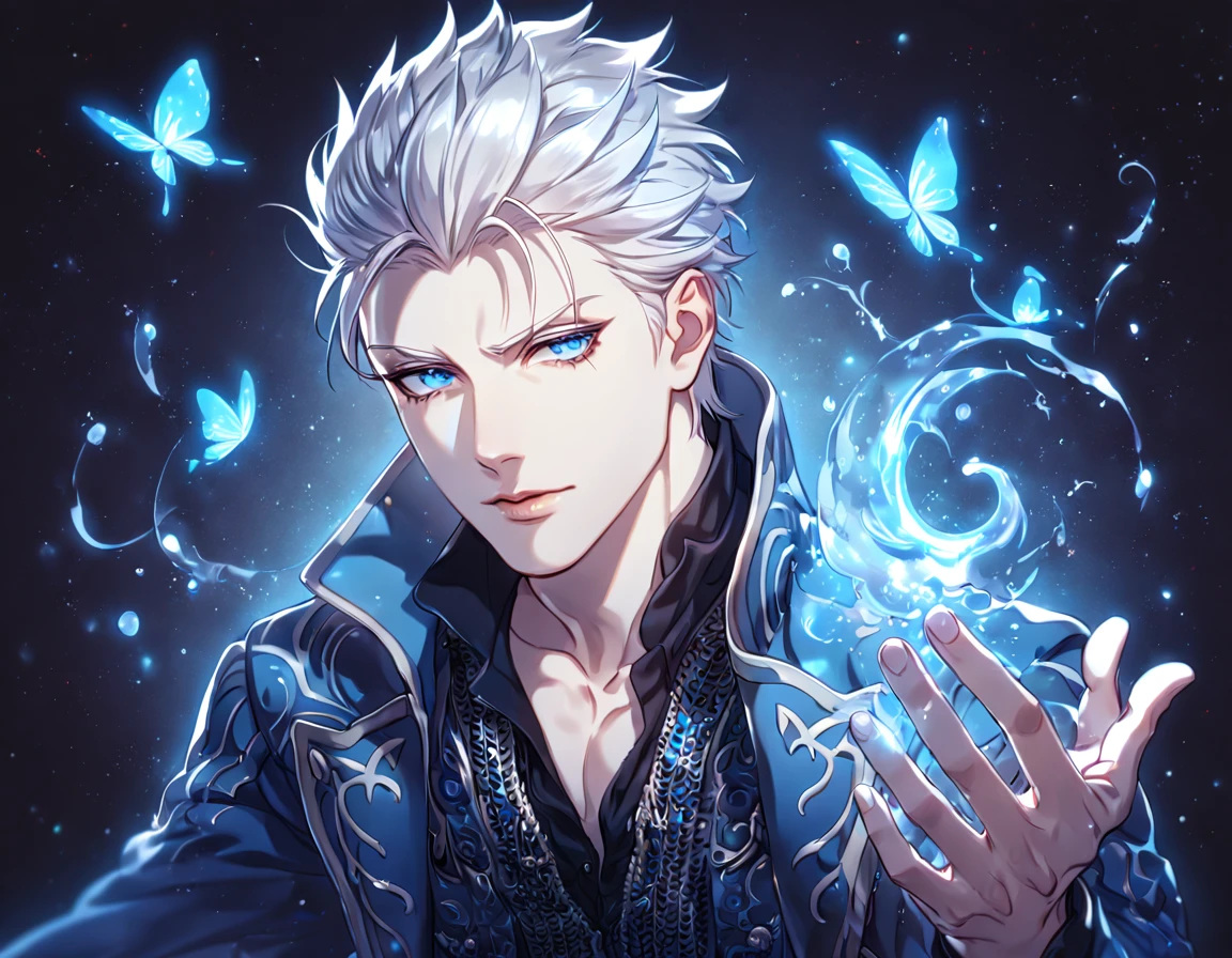 absurdres, highres, ultra detailed, HDR, master piece, best quality, Vergil, white hair, slicked up, expressive blue eyes, Devil May Cry, solo, sexy man, handsome, sensual, blue coat, black shirt, magical, fantasy, water, blue flames, blue moon, starry, blue fireflies, blue flowers, blue butterflies, glass magic