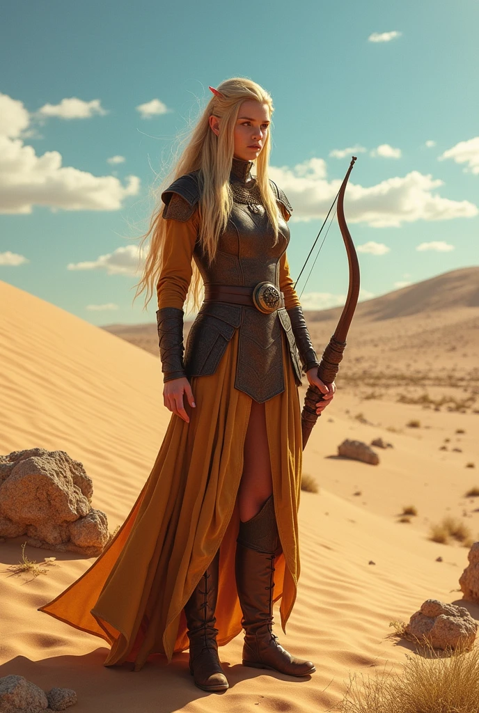 Young elf woman, Long straight blonde hair, wearing leather breastplate and medieval clothes, wielding a bow, in a desert, best qualityer, high fantasy.