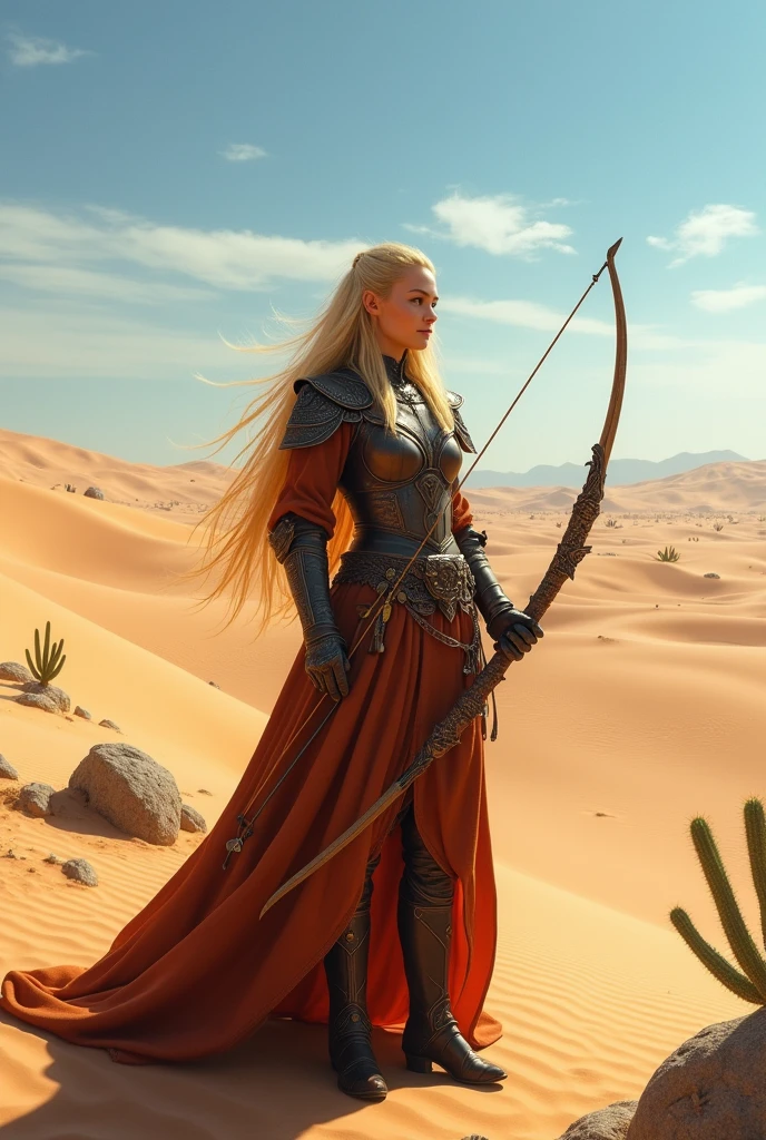 Young elf woman, Long straight blonde hair, wearing leather breastplate and medieval clothes, wielding a bow, in a desert, best qualityer, high fantasy.