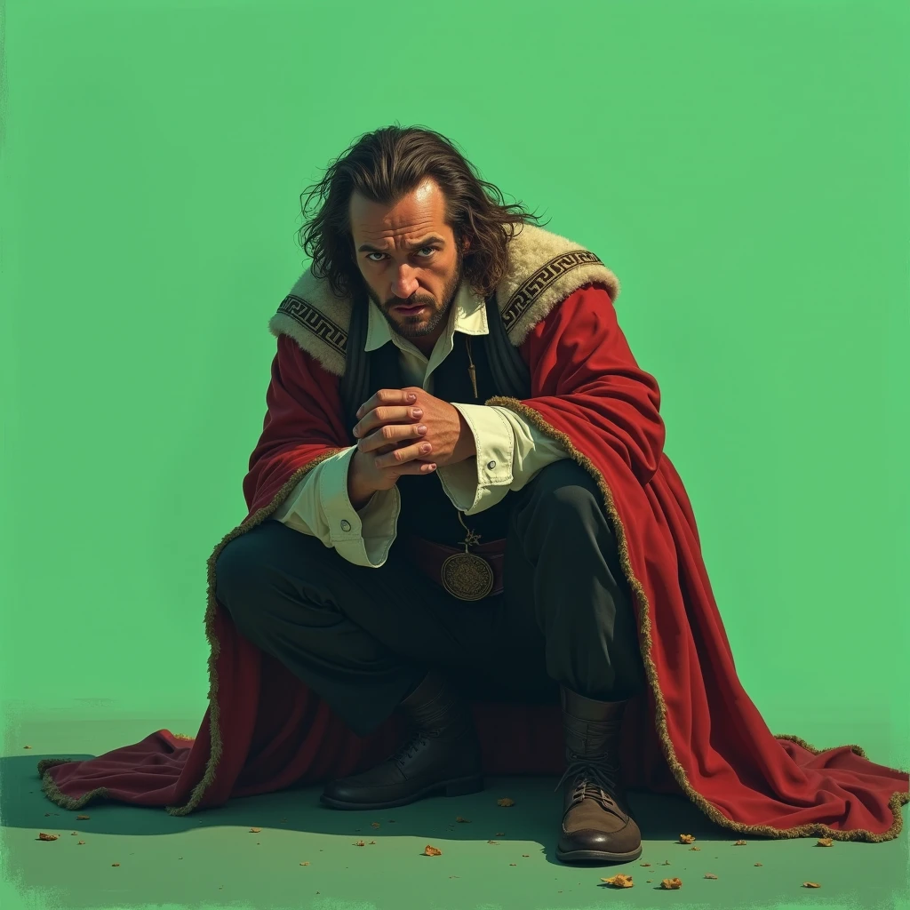 The image of Charles III of the United Kingdom crouching down, his expression of fear, his hands wrapped around him. Photorealism, realism, illustration style, and the background are all light green like chroma key.