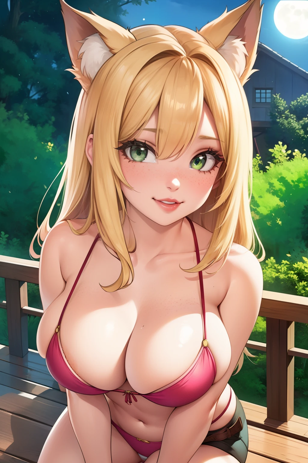 Beautiful round medium breasts, 1 girl, ((hair blonde, Bangs cover the eyes)) ((wolf girl, cute face)) clear green eyes, has a beautiful sensual body with freckles, with full breasts and thin waist, cute and pretty pink bikini, with golden jewelry, feminine belt, delicate fabric to handle, has a bold appearance. Youngh, 品質, realisitic, best 品質, cute expression, red lipstick lips, cute smile, leaning, on the moonlit veranda, wooden house in the forest