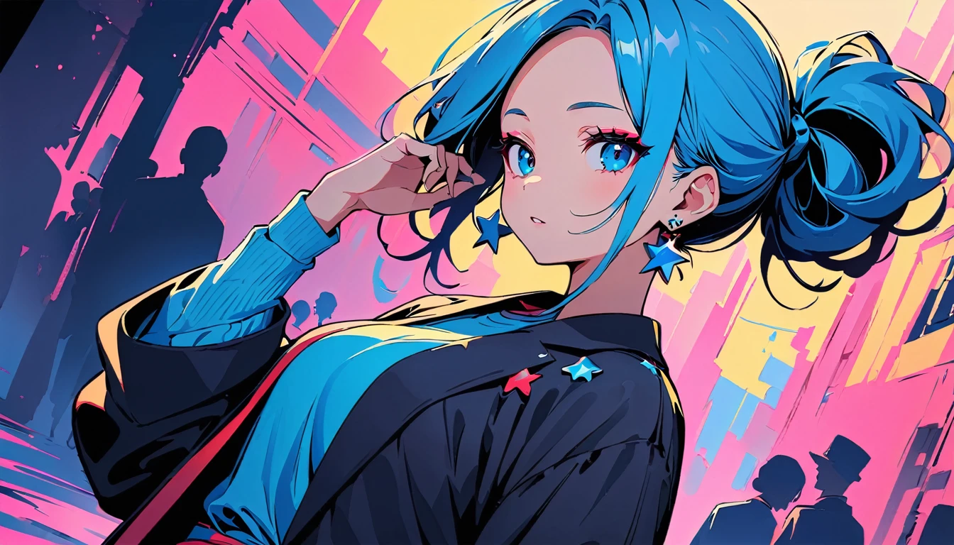 (high quality, 8k, 4K, High Contrast, masterpiece:1.2, 最high quality, Best aesthetics), (Dynamic Angle), ((1 female)), ((Flat Color)), Harajuku Street Style Fashion, Looking at the audience, Upper Body, Transparent Background, High Contrast, Contrasting colors, Cowboy Shot, Pale pink and blue lighting, Long Hair, ((Tied Hair)) , Blue Hair, Small star-shaped earrings in both ears, watch, bright eyeshadow, R-18