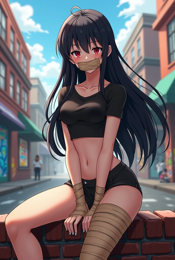 An anime girl with long black hair, not tied up, sitting, wearing a black crop top, with a light brown rectangular bandage around her mouth, brown bandages around her hands from the back, bandage around her leg, and a blushed cheek.