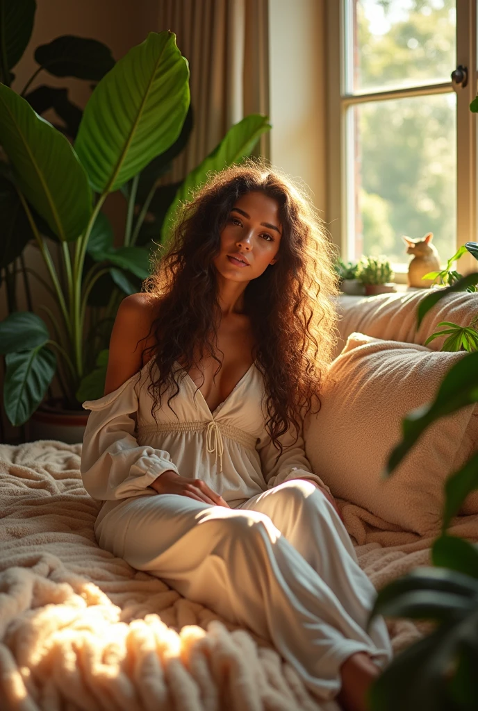 (photorealism:1.2), beautiful woman, sitting on bed, wearing loose off-shoulder top, pajama pants, long curly hair, indoors, soft lighting, plants in background, window with sunlight, cozy room, relaxed pose, realistic, intricate details, warm colors, by Greg Rutkowski, by Alphonse Mucha