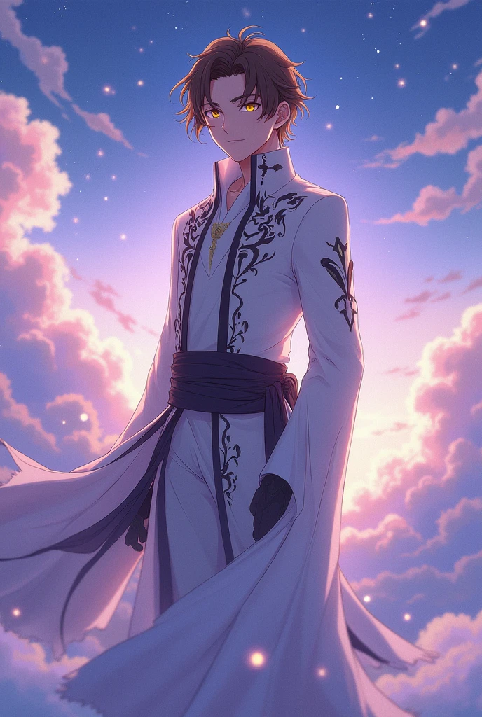 A male anime character with brown hair and golden pupils, wearing white clothes with black details.
