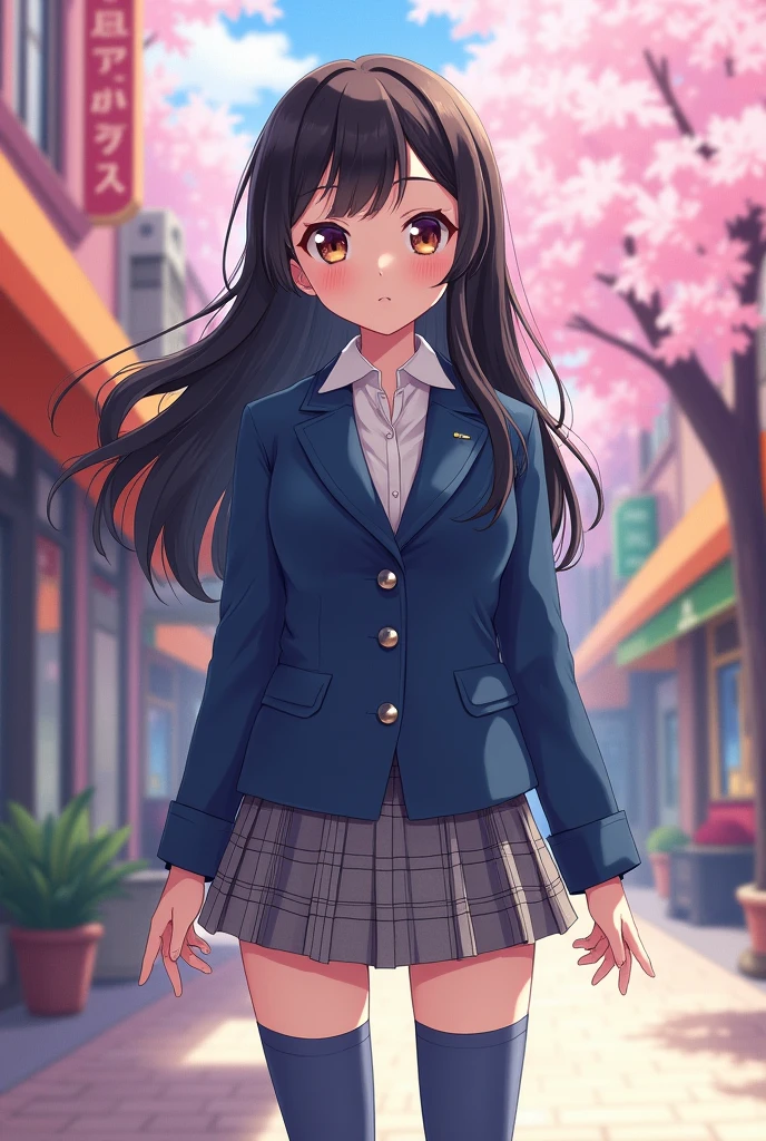 anime girl, long wavy black hair that reaches her shoulders, she has hazel eyes and fair skin. A white formal shirt, she is usually wearing a blue jacket with buttons in the middle, she is wearing a short gray skirt with gray squares, she has blue socks up to her thighs, black school shoes.