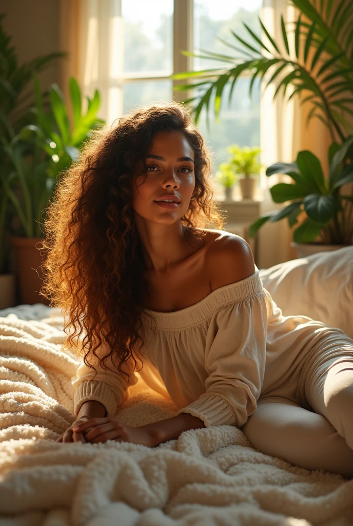 (photorealism:1.2), beautiful woman, sitting on bed, wearing loose off-shoulder top, pajama pants, long curly hair, indoors, soft lighting, plants in background, window with sunlight, cozy room, relaxed pose, realistic, intricate details, warm colors, by Greg Rutkowski, by Alphonse Mucha
