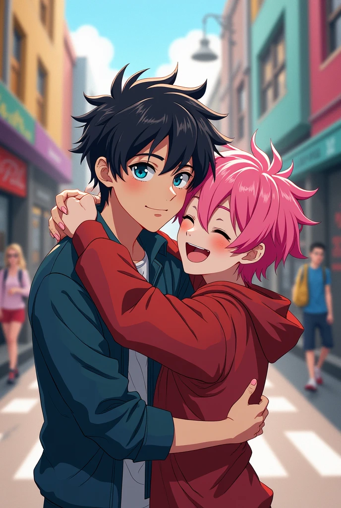 A black haired guy grabbing a pink haired guy's waist