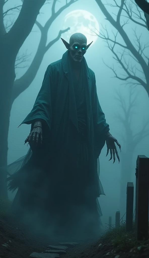 "Create a highly realistic depiction of a Jiangshi, or Kyonshee, a Chinese hopping vampire. The Jiangshi is portrayed in a traditional Qing Dynasty robe, tattered and aged, with eerie, glowing blue eyes that pierce through the darkness. Its face is gaunt, with decaying skin stretched tightly over a skeletal frame, and its long, claw-like fingers are extended as it prepares to leap. The Jiangshi's posture is rigid, with stiff limbs characteristic of its undead nature, and a ceremonial talisman is attached to its forehead. The background is a misty, moonlit graveyard filled with ancient tombstones and twisted, barren trees. The atmosphere is chilling, with a thick fog rolling over the ground, adding to the eerie and haunting presence of the Jiangshi."