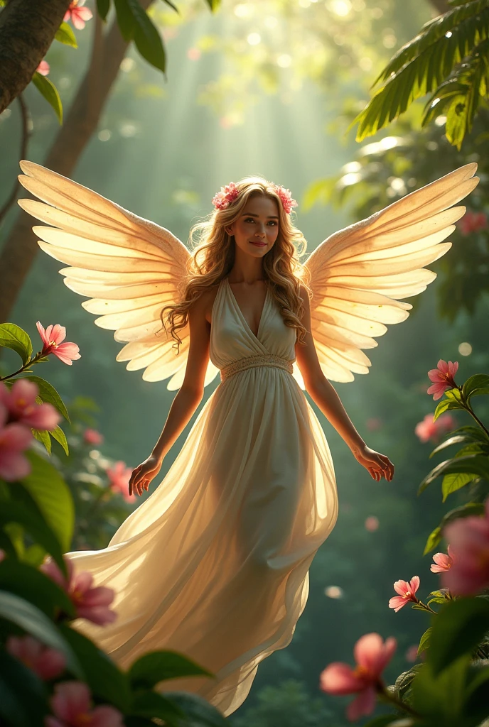 An angel in a lush tropical garden, with a close-up capturing the harmonious beauty among natural flowers, showing off your natural charm and heavenly personality. with the message " for you always the best, Congratulations on your achievement".