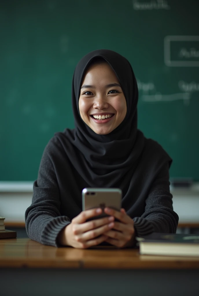 Plump vagina, sweating vagina, Beautiful girl wearing narrow dark hijab malay age girl 18 years old, kelantanese look, cute girl face, smiling, eyes looking at camera, grin, big laugh, nude, naked, naked body, sperm on vagina, no clothes, no clothing, big breasts about to burst out, closeup vagina, closeup view, plump body, showing vagina, vagina view, plump thigh, realistic skin, view from below, spreading legs on desk, in empty classroom, books on table, hand holding smartphone, side lighting, night time, hard light, high quality, ultra sharp image, ultra detail, 35mm lens, establishing shot, pastel color grading, depth of field cinematography effect, film noir genre, 8k resolution