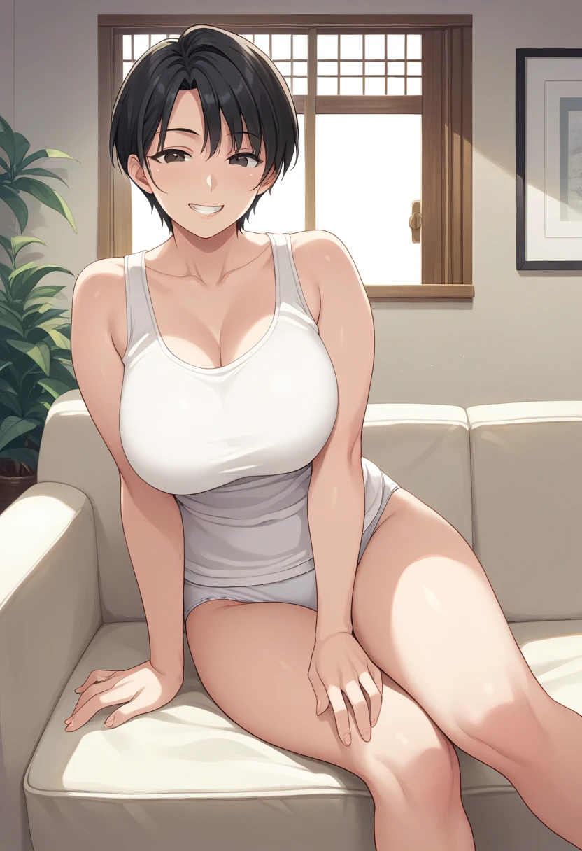 1girl, solo, mature_lady, 30yo, straight hair, short hair, black hair, score_9, black eyes, white tank top, white male underwear, sitting, sofa, indoors, looking at viewer, grin