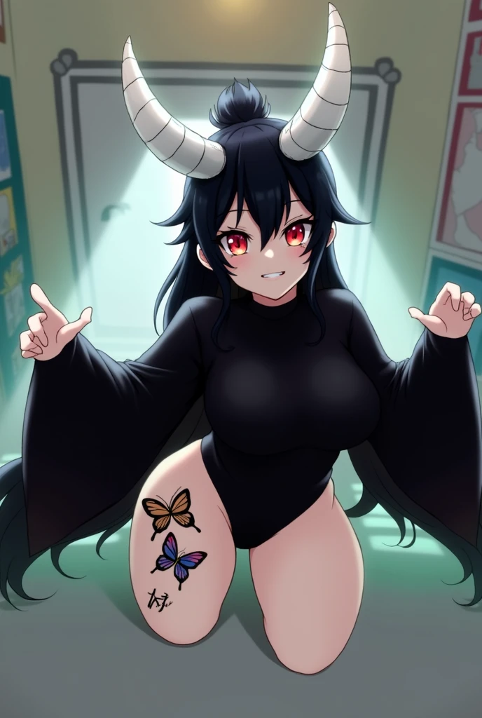 Mommy with messy black hair tied up, 2 white horns, sexy bodysuit, butterfly tattoo and Japanese letters on thighs, red eyes and perverted face
