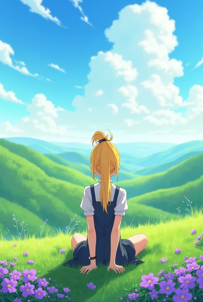 Create an image of a female anime character with blonde hair tied up, sitting on the grass, seen from the back, with purple flowers around and with a beautiful landscape around