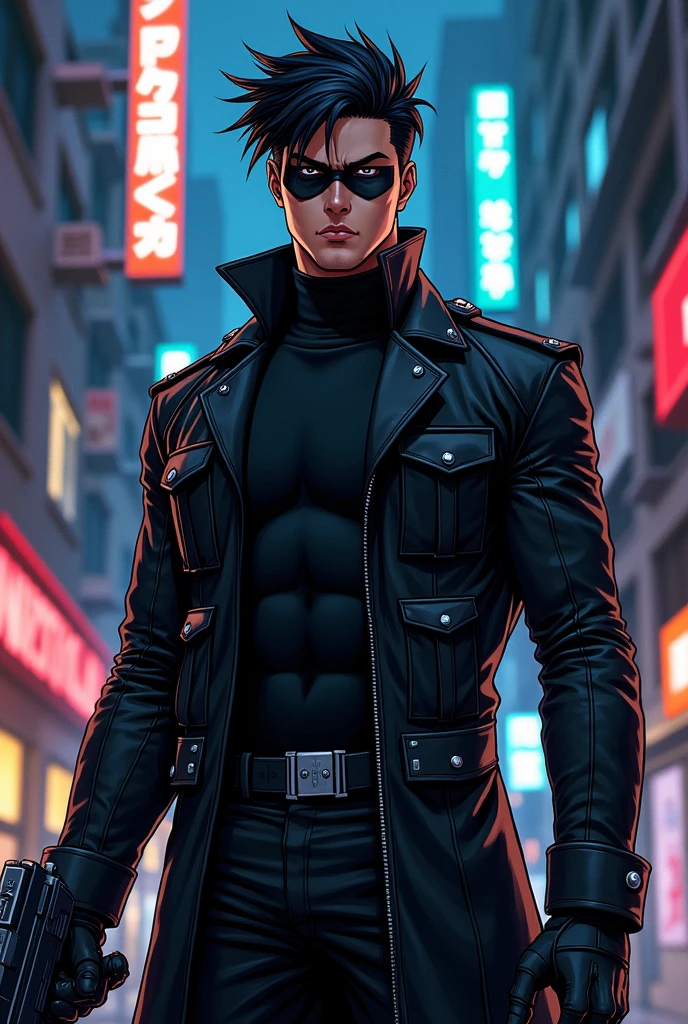 Make me a superhero whose suit is black military style with a jacket , without cape, you can see part of her face and in an animated version and she's carrying a gun, wearing a normal jacket, but in an anime version that's a male character but wearing a jacket, like that but with an eye mask but with a jacket or sweatshirt