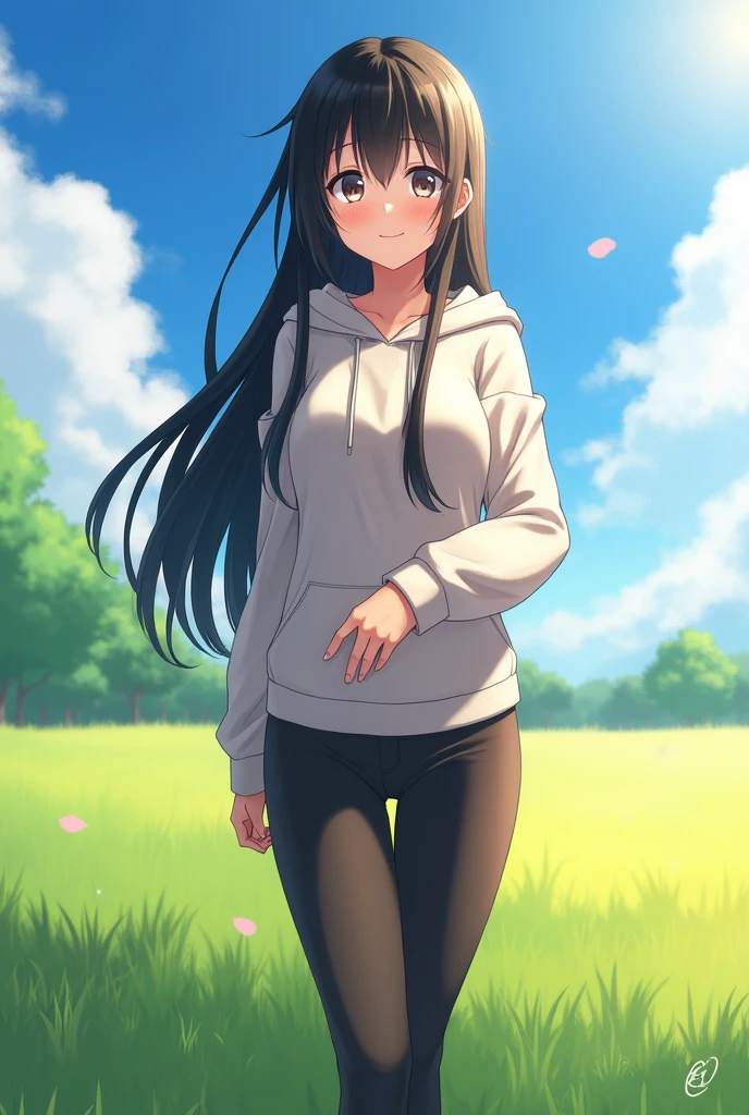 Х1Н4Т4, 1girl, Hyūga Hinata, solo, (Realistic:0.5), Masterpiece, solo, (Best Quality, Perfect detail, Beautifully detailed face, Detailed eyes), Brilliant brilliance, Ray Tracing, Depth of field, HDR, gradient eyes, Sharp eyelashes, ((Lashes)), mascara, Detail_s face, Lashes, Shiny hair, Flirting, Seduction Smile, parted lips, Average Breasts,, (Floating soft particles:1.1), ((looking a viewer)), (Playmate pose:1.1), (full - body:1.1), ((8k wallpaper)), ((hight resolution)), Long hair, black hair, white eyes, (pants:1.2), Hand on hip, hood, Bangs, full - body, Standing, blurry, looking a viewer, long sleeves, Smile, (grass field:1.4), (a tree:1.2), (cherry blossom:1.3), (blue skies:1.3), (Sun),