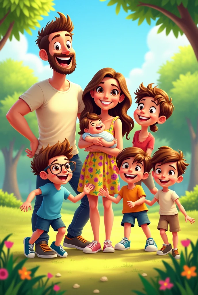 A family of seven, brunettes, with husband and wife, three boys, one girl with curls, one baby, cartoon