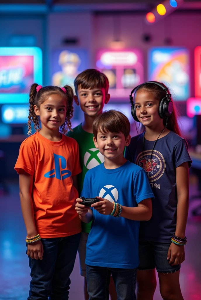 Une fille avec le logo Playstation, un garçon avec le logo Xbox, une fille avec le logo Nintendo, et un garçon avec le logo steam pourtant sur ses mains un ordinateur portable et un casque sur la tête