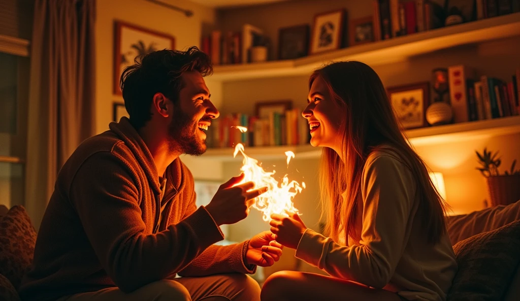 A scene of two people engaging in a dynamic, spirited conversation, with Aries symbolized by a fiery aura around them. The setting is a cozy, intimate space that contrasts with the intensity of the conversation. --ar 16:9