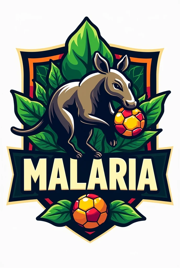 football team crest with text "Malaria" with a tapir holding a soccer ball