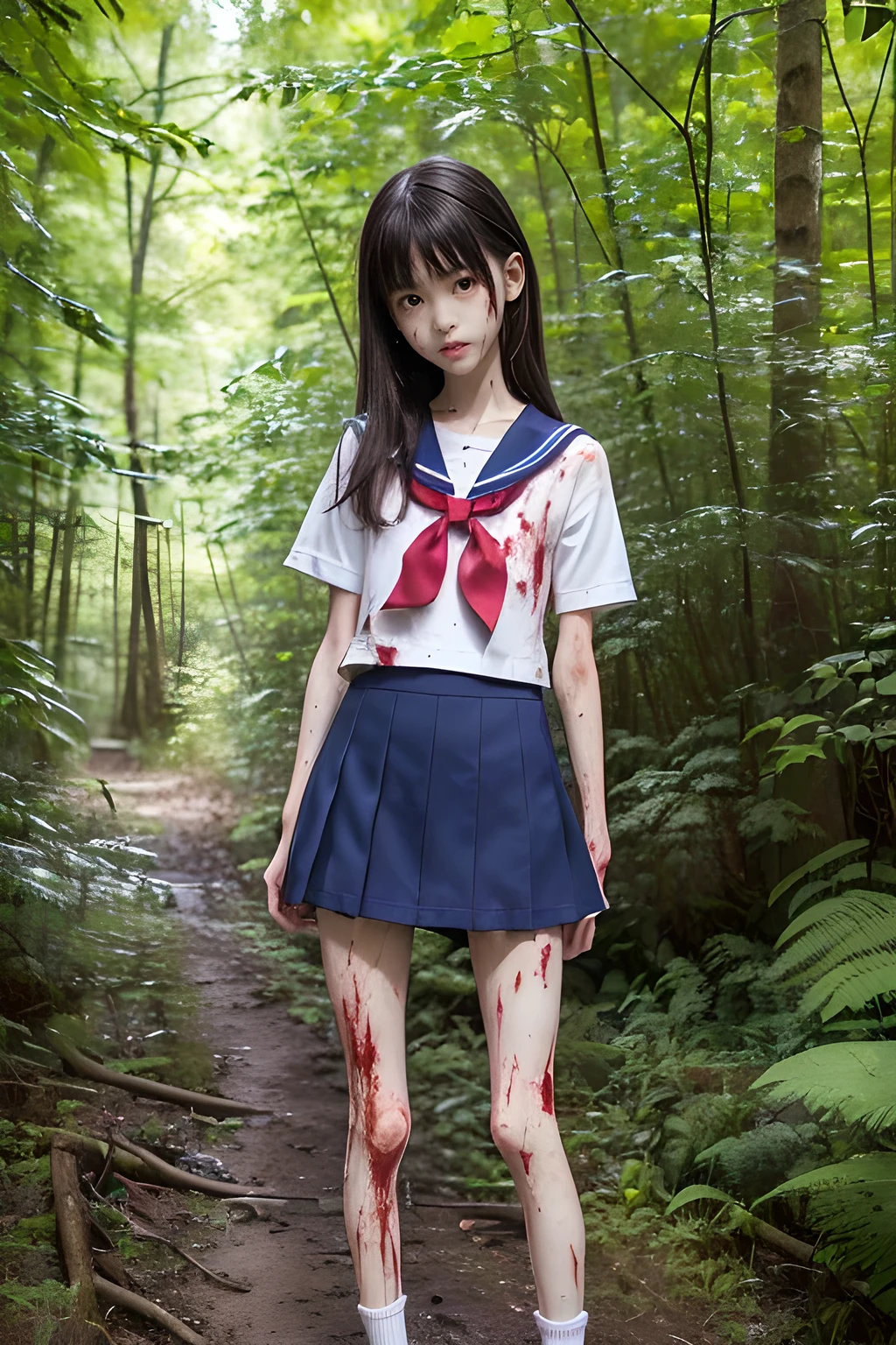 (8K、RAW Photos、highest quality、masterpiece:1.2), (Realistic、Photorealistic:1.2), (High resolution skin:1.1), Beautiful young girl,japanese, 13 years old,small breasts,(Slender girl:1.4),(Thin legs:1.5),dark blue mini skirt,sailor suit, (White high socks), Short sleeve,sneakers, whole body,forest,standing,(muddy),(wounds,bloody legs:1.4)