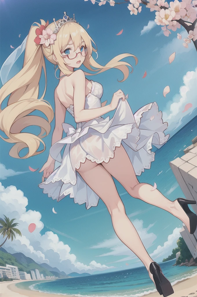 Hood \(warship girls r\),((masterpiece)),(((best quality))),((ultra-detailed)),((illustration)),((disheveled hair)),((frills)),(1 girl),(solo),1girl,bangs,blue sky,blush,bridal veil,cherry blossoms,cloud,cloudy sky,confetti,day,dress,earrings,eyebrows visible through hair,falling petals,flower,hair between eyes,hair ornament,high heels,jewelry,leaves in wind,looking at viewer,looking back,ocean,open mouth,outdoors,petals,petals on liquid,ponytail,rose petals,shoes removed,sidelocks,single shoe,sky,soles,solo,splashing,tiara,tree,underwear,veil,water,wedding dress,white dress,Rating:safe,foreshortening,
under-rim eyewear,Blue eyes with highlights,Blonde long hair(delicate eyes),