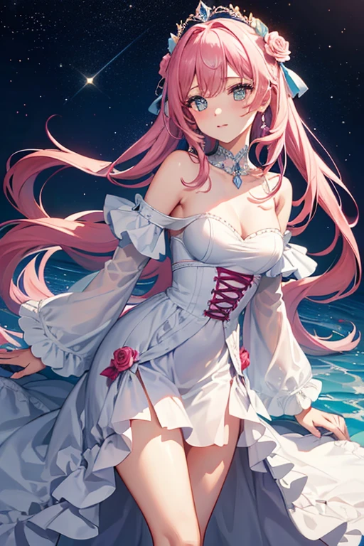 Une belle femme aux longs cheveux roses et aux beaux yeux portant une longue robe rose élégante et détaillée. La robe doit être rose et avoir des designs et des motifs complexes pour lui donner une sensation luxueuse. En arrière-plan, soulignant les effets scintillants et les arcs-en-ciel dans toute l'image.