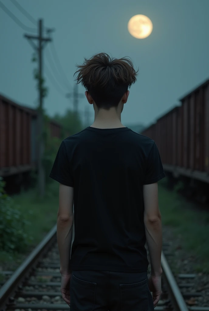 Sad teenage boy with details of high hair, long brown hair, standing on top of an old train at night. Best quality, black short-sleeved shirt, ultra-detailed.