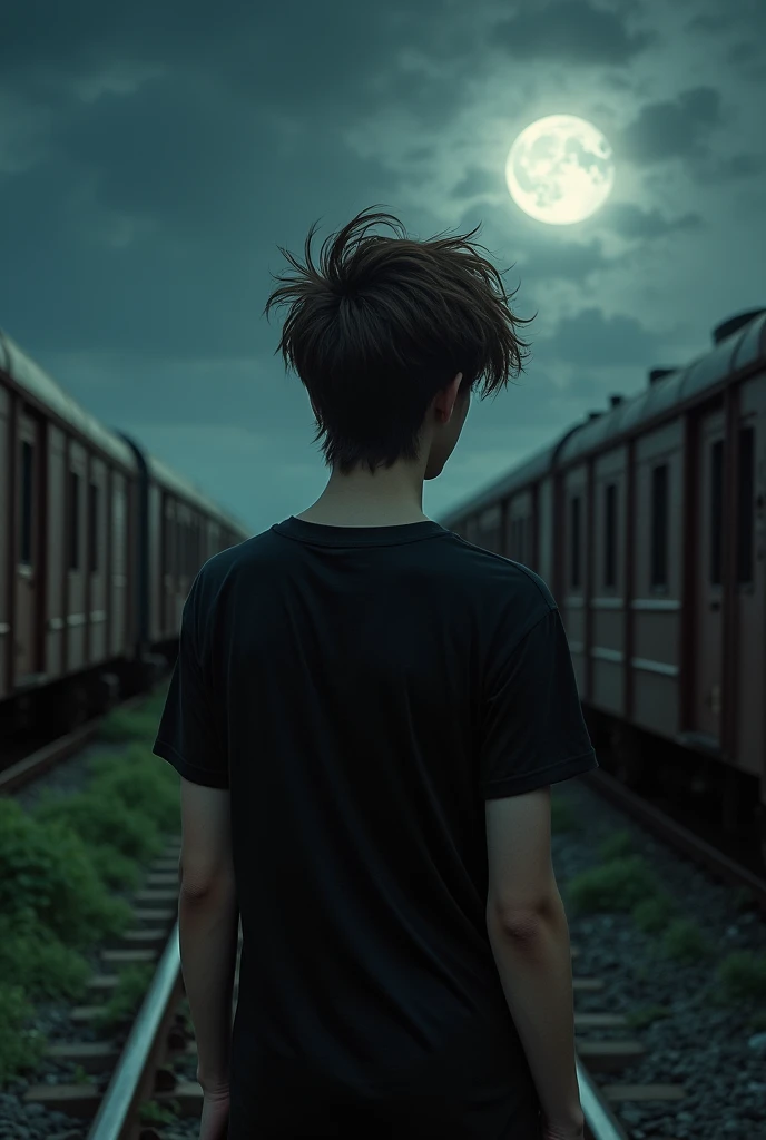 Sad age boy with details of high hair, long brown hair, standing on top of an old train at night. Best quality, black short-sleeved shirt, ultra-detailed.