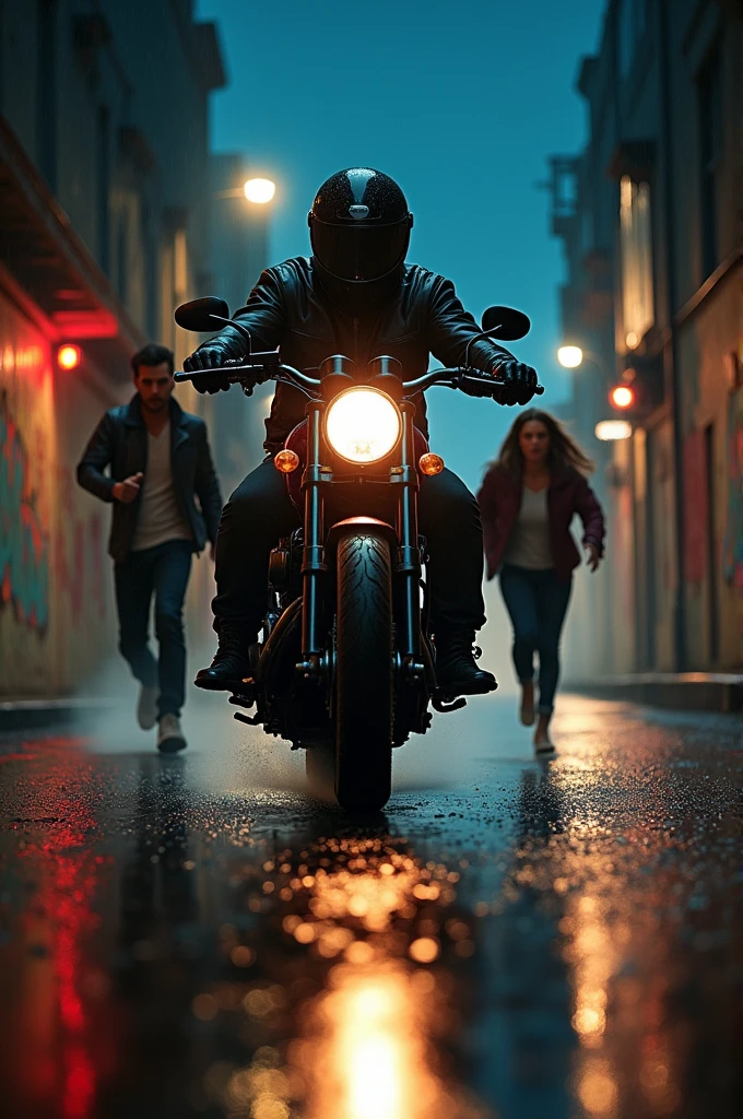 Create a realistic image of a motorcyclist chasing a couple, reflect fear on the couple's faces
