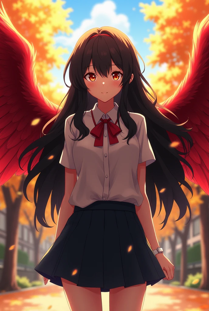 hair cut: without bangs, loose hair, wavy and long
Hair color: black
Eye color: a yellow AND RED
Power: possesses red wings and control of fire
School uniform clothing
Art style: アニメ (bha)
name: Yumi Takami
Characteristics: Beautiful Character, appealing, intense stare, serious and insidious at the same time