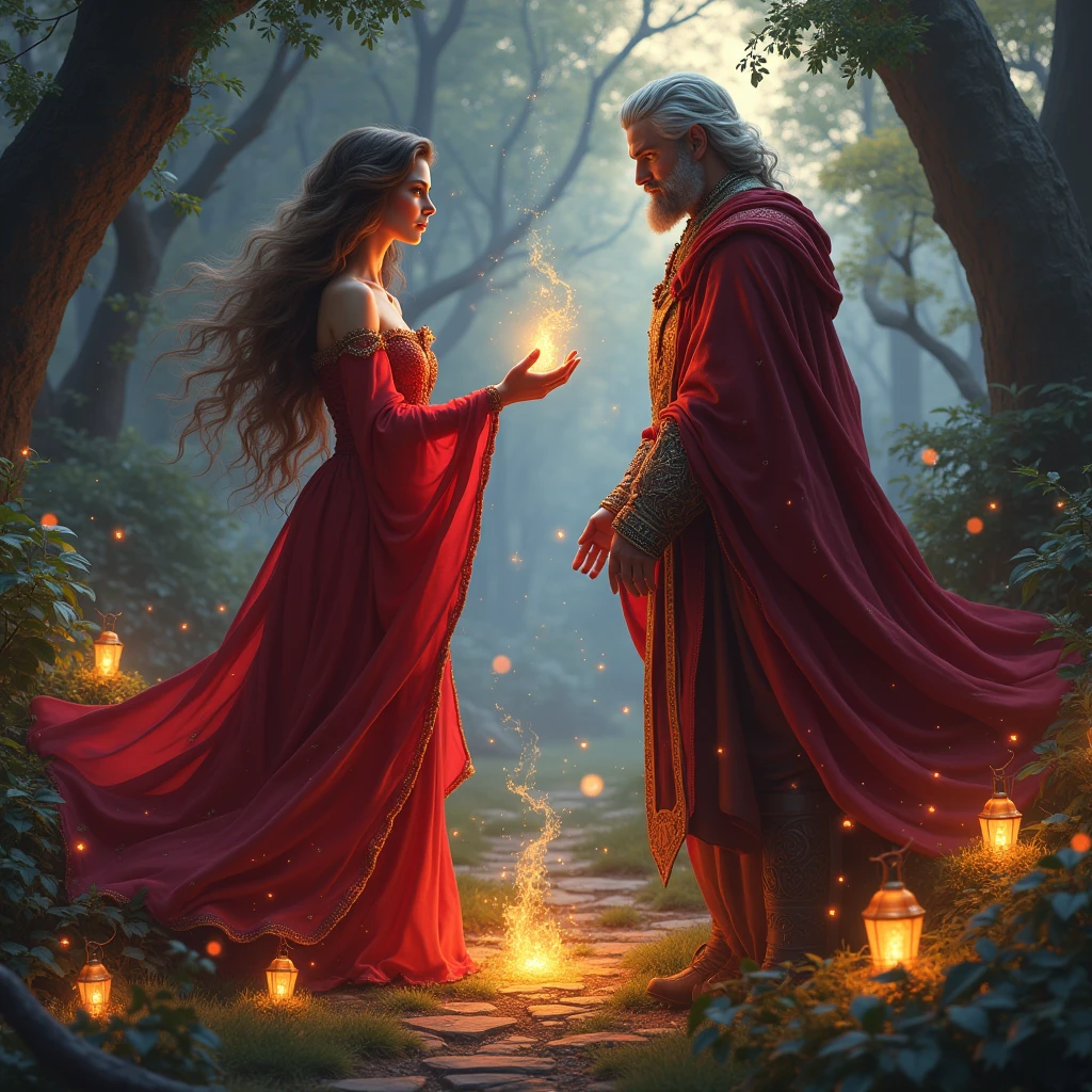 A beautiful red wizard casting a charm spell on the lord.、Dungeons&Dragons