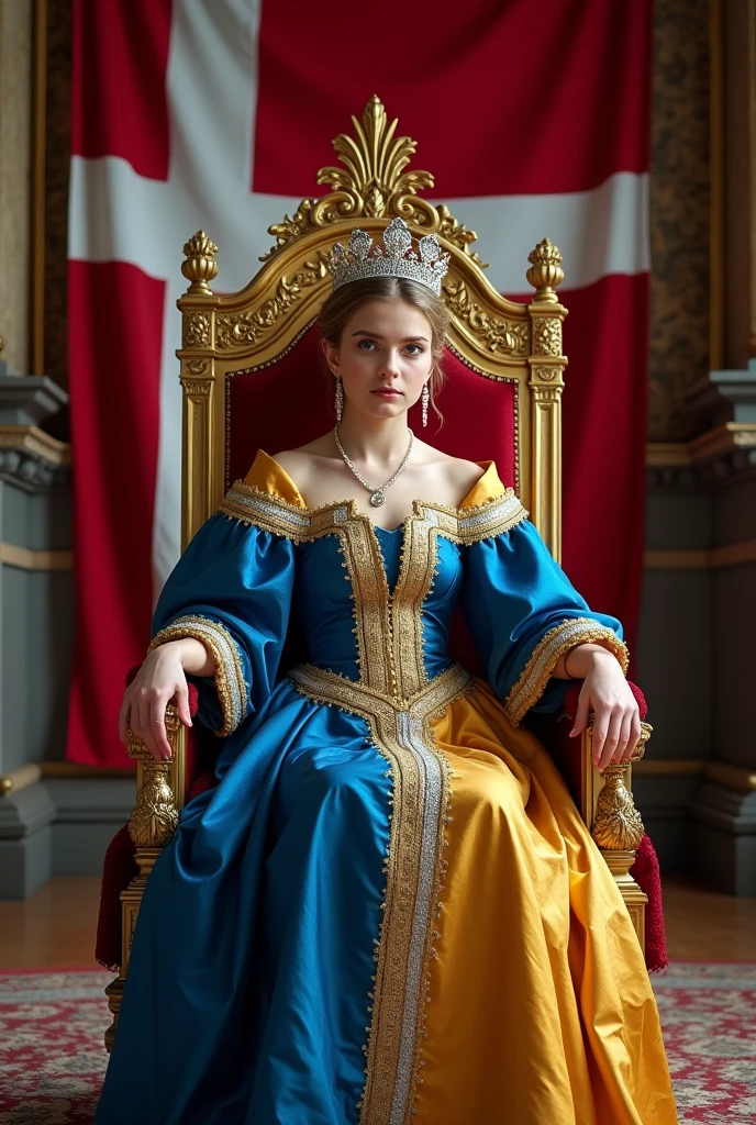 Young and beautiful Danish Queen。whole body。Sit on a throne、Wearing the crown、Holding a scepter and a jewel。Danish flag in the background