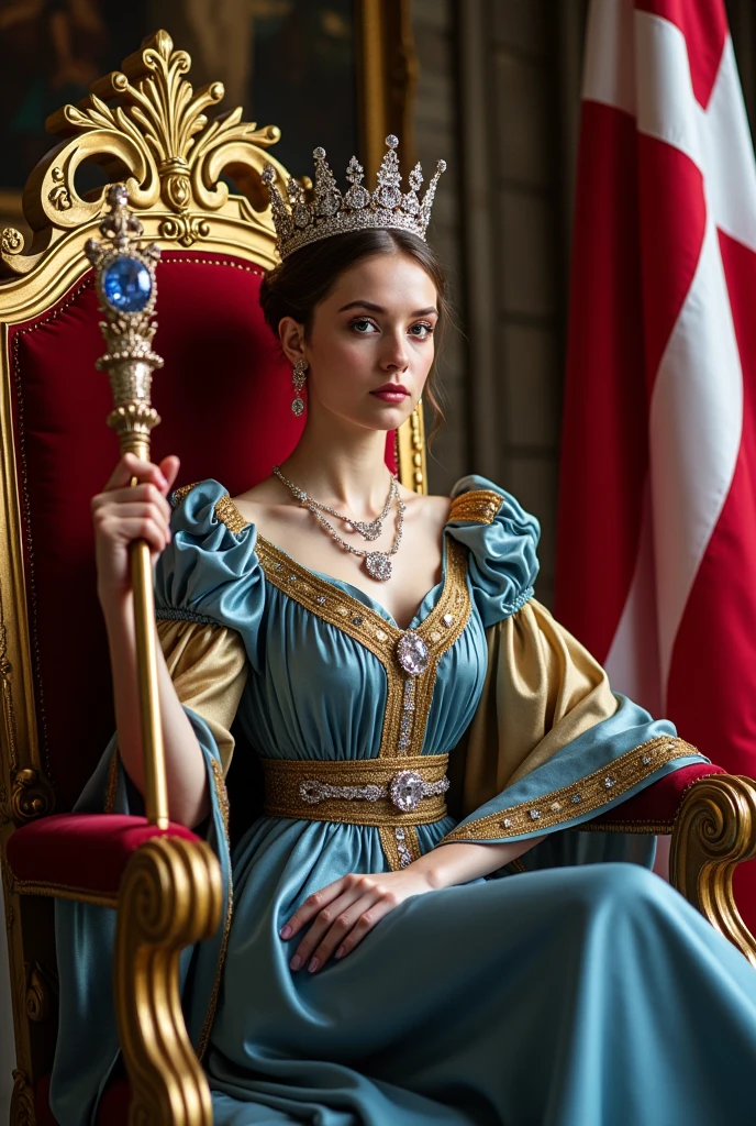 Young and beautiful Danish Queen。whole body。Sit on a throne、Wearing the crown、Holding a scepter and a jewel。Danish flag in the background