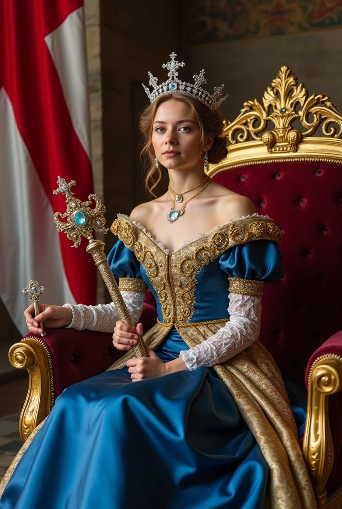 Young and beautiful Danish Queen。whole body。Sit on a throne、Wearing the crown、Holding a scepter and a jewel。Danish flag in the background
