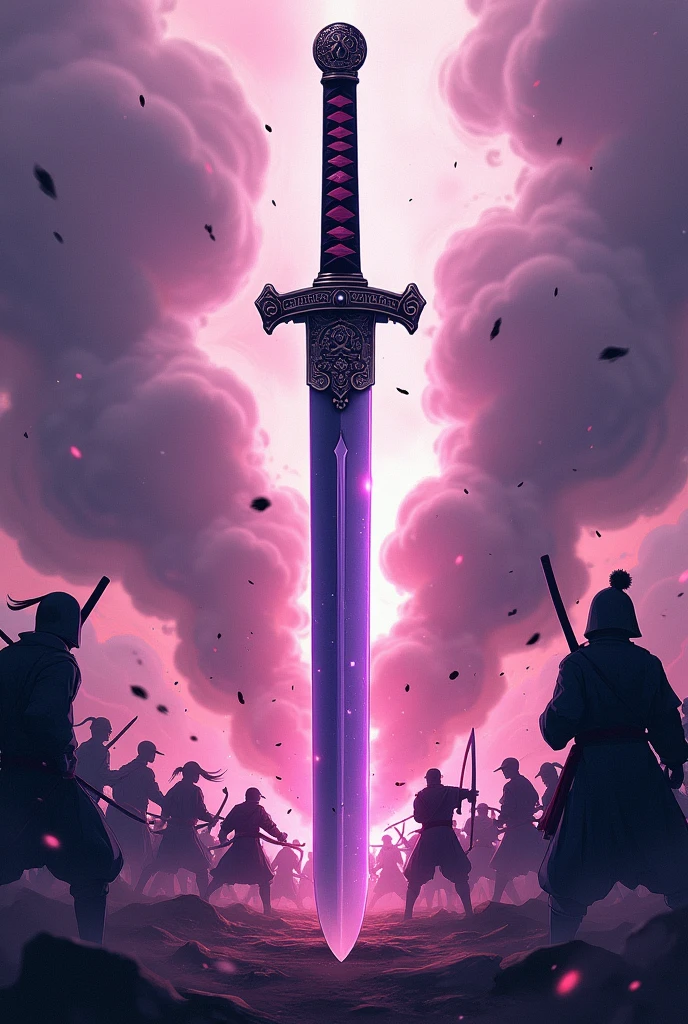 a katana with its pommel and crossguard interconnected, blade color predominantly purple, style of anime, battle background, create with full body, powerless and without any power or effect