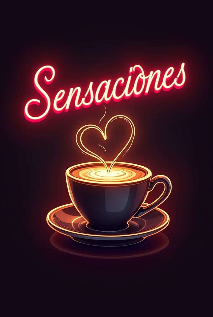 Logo for a coffee shop named Sensaciones in cursive, warm neon colors, image of a coffee cup with a heart in the foam, bottomless