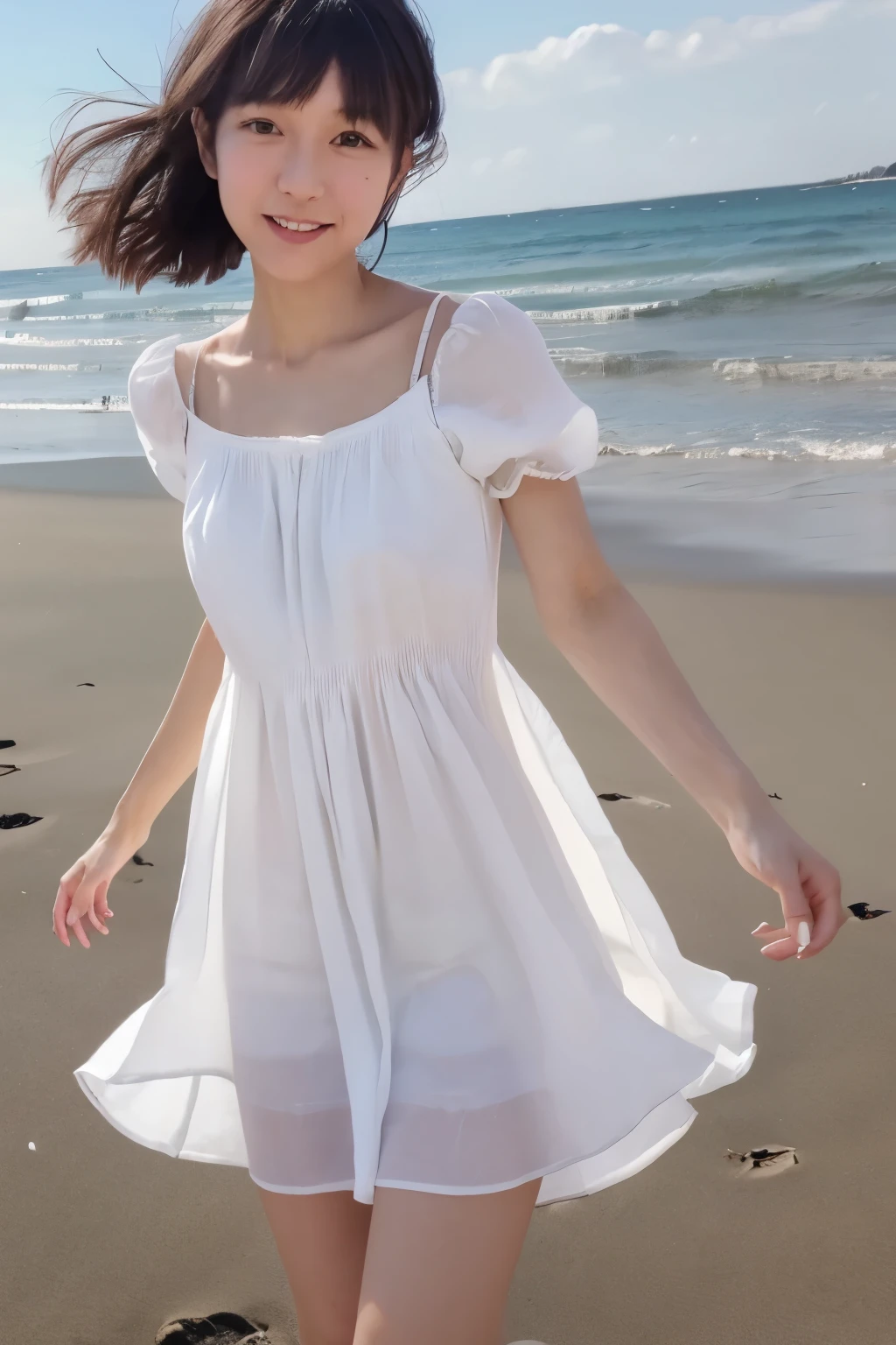 8k, highest quality, masterpiece, photogravure, super high resolution, RAW Photos, One Girl, a skinny Japanese woman, 30 years old, thin waist, slender legs, cute face, (detailed face: 1.4), (detailed eyes: 1.4), standing on the beach, leaning forward, a black hair, (wearing a white cotton dress next to the skin: 1.4). (The dress flutters in strong winds.) (She is straightening legs up, spreading legs slightly), anatomically correct body